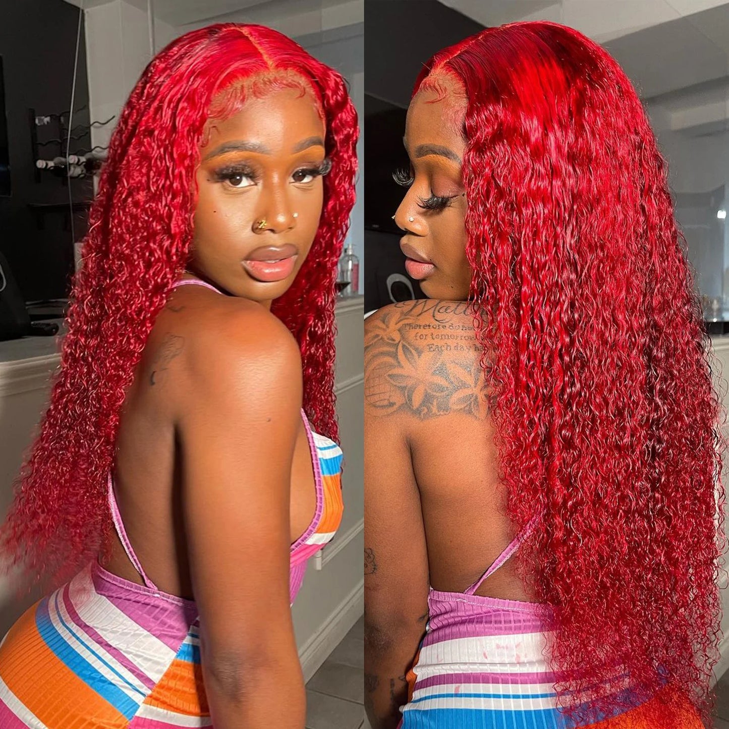 Red Curly Water Deep Wave HD Transparent Lace Frontal Human Hair Wigs