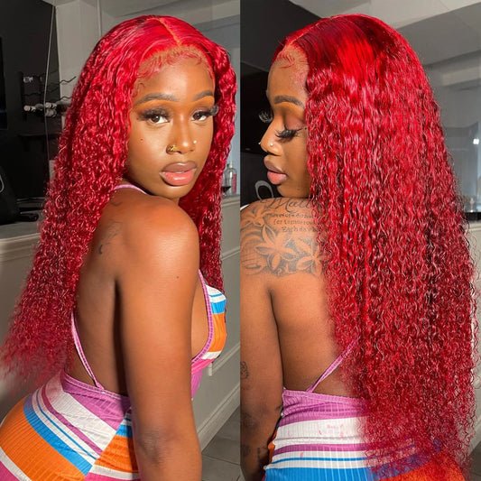 Red Curly Water Deep Wave HD Transparent Lace Frontal Human Hair Wigs