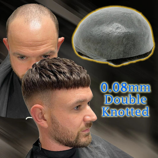 0.08mm Thickness PU Poly Base Double Knotted Toupee Human Hair - Capillary Prothesis