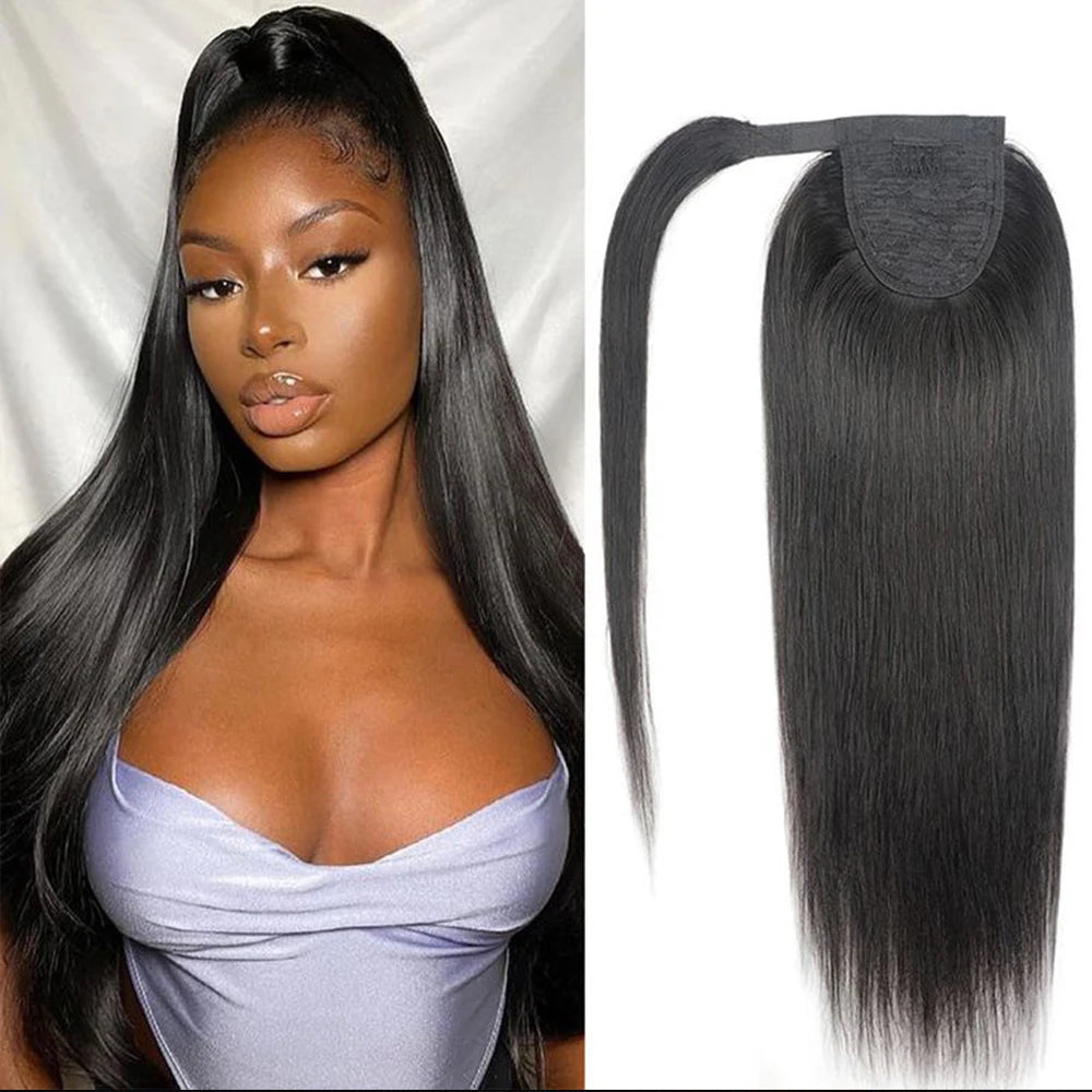 Human Hair Wrap Around Ponytail 10-32 Inches; Available in Straight, Body Wave, Water Wave & Kinky Curly (Natural Color)