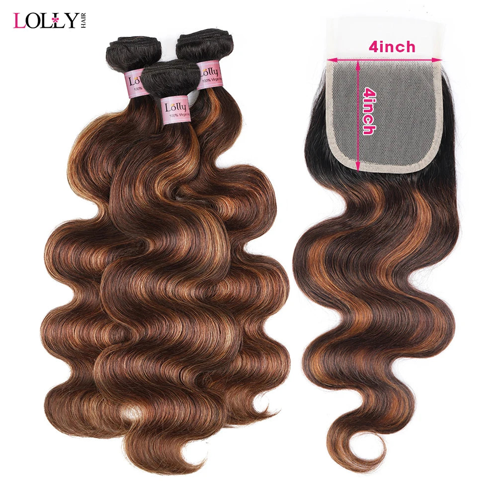 FB 30 Brown Highlight Body Wave With 3 Bundles Lace Closure