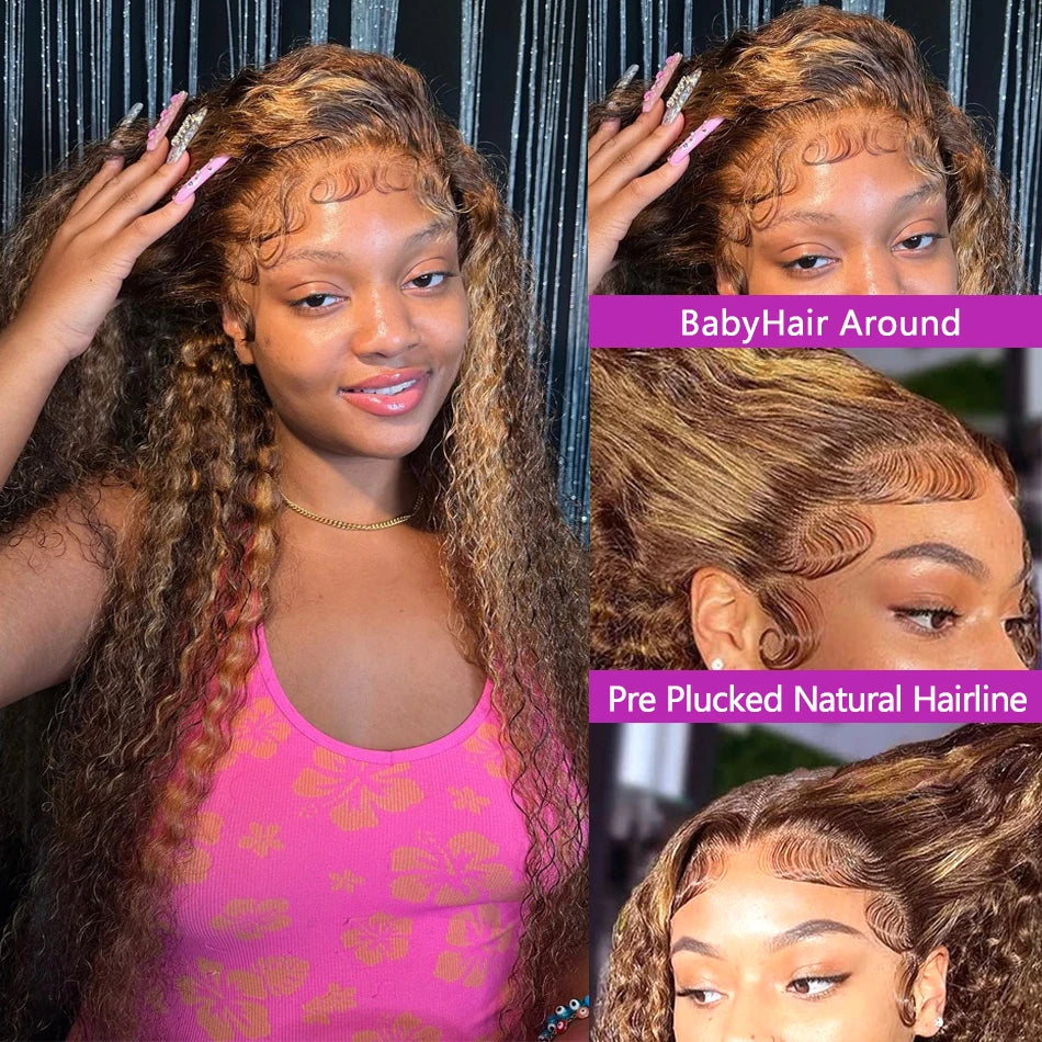 Deep Wave Curly Highlight Honey Brown Lace Front - Human Hair Wigs