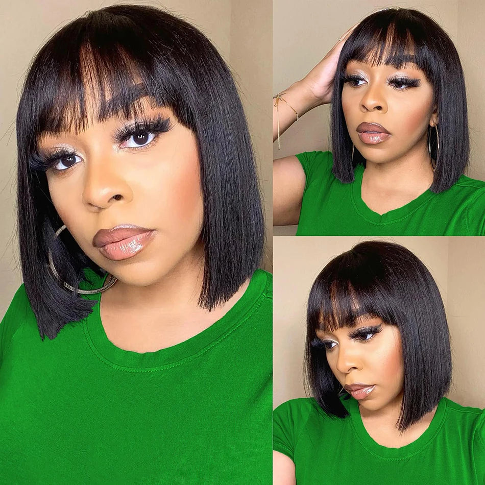Wiggogo Bone Straight Bob With Bangs - Middle Part Lace Human Hair Wig