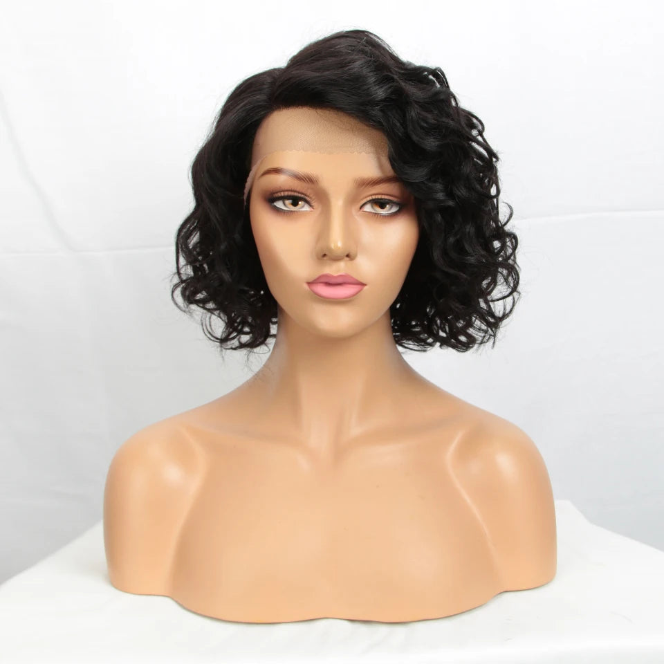 Short Curly Wave Bob Transparent Lace Front Human Hair Wigs - Various Colors Available