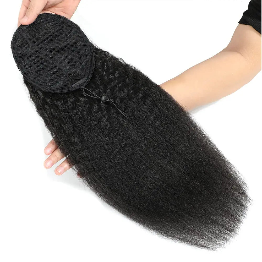 Yaki Straight 100% Human Hair Wrap Around Drawstring Ponytail Natural Black 1B