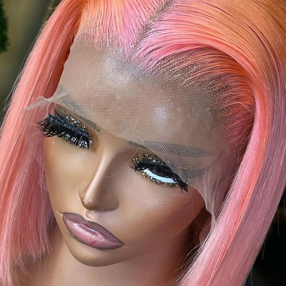 Rose Pink Short Straight Bob Pre Plucked HD Transparent Lace Front Human Hair Wig