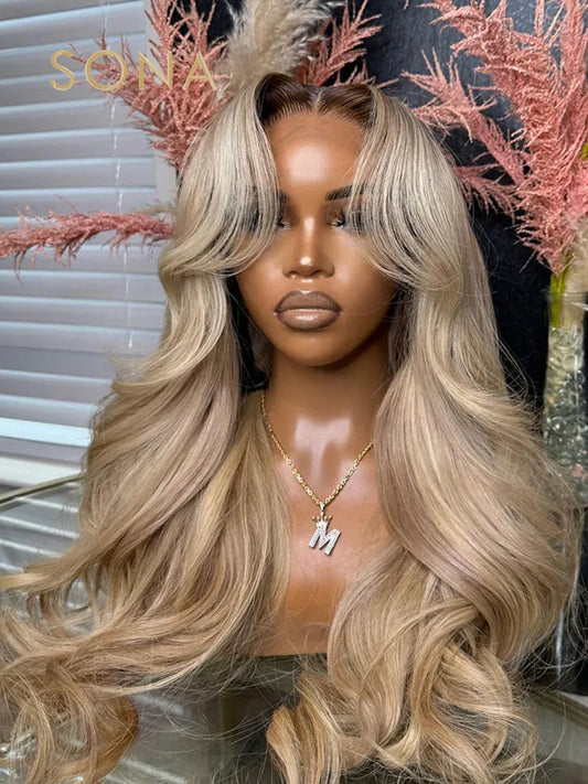 Ombre Ash Honey Blonde Body Wave HD Transparent Lace Frontal Human Hair Wig