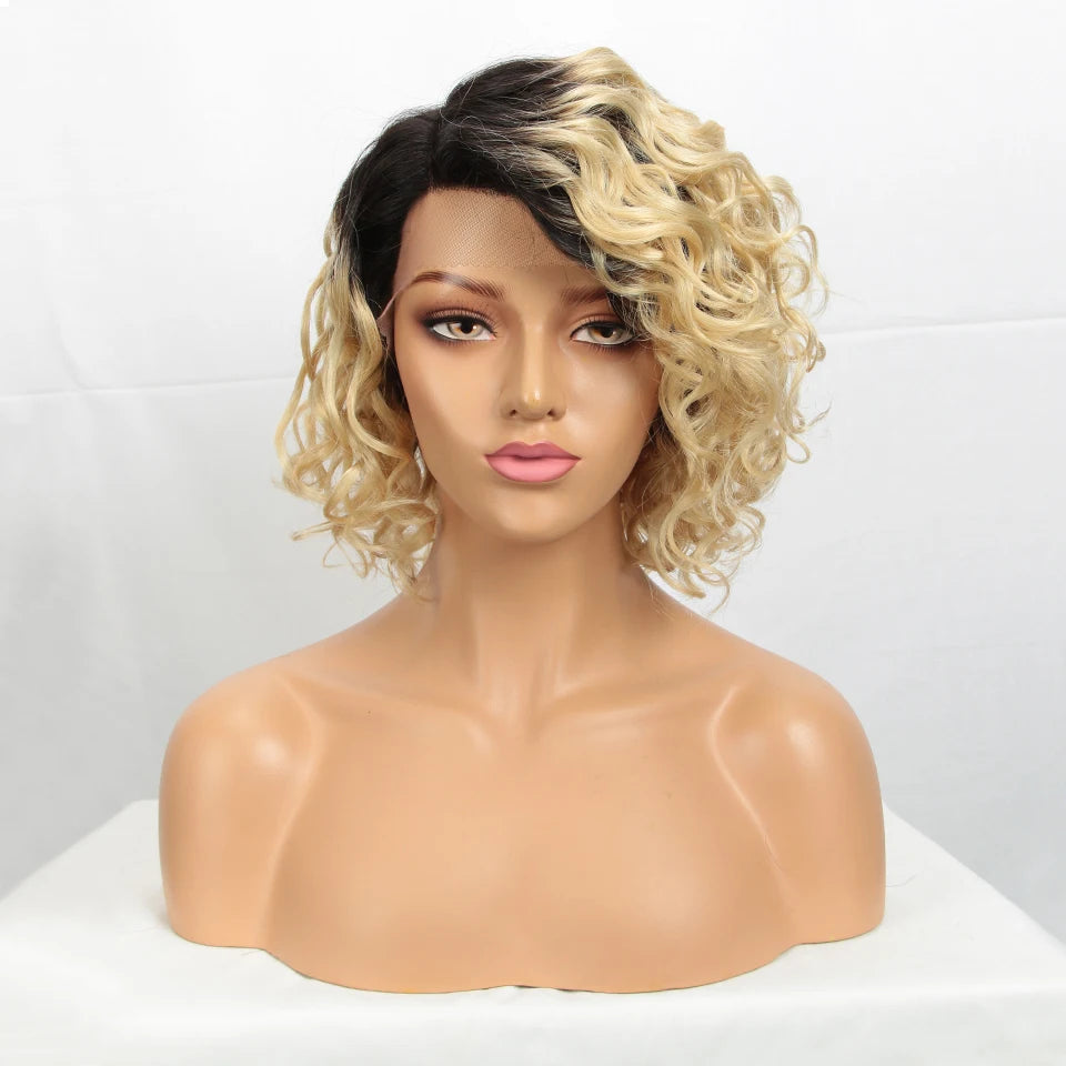 Short Curly Wave Bob Transparent Lace Front Human Hair Wigs - Various Colors Available