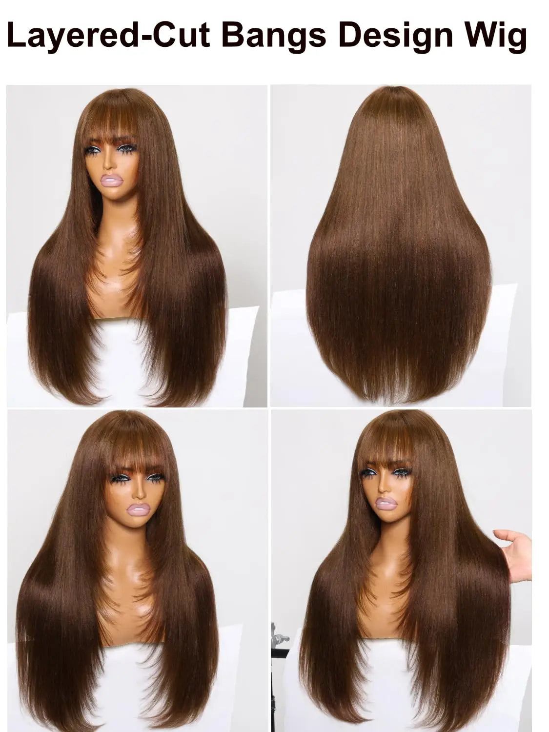 Yaki Straight With Bangs Layered Cut - Lace Front Human Hair Glueless Ready To Wear Wig