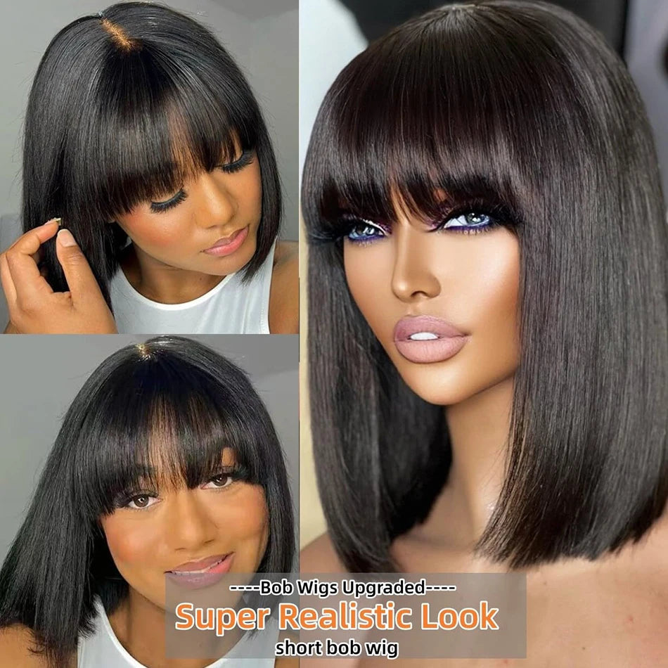 Wiggogo Bone Straight Bob With Bangs - Middle Part Lace Human Hair Wig