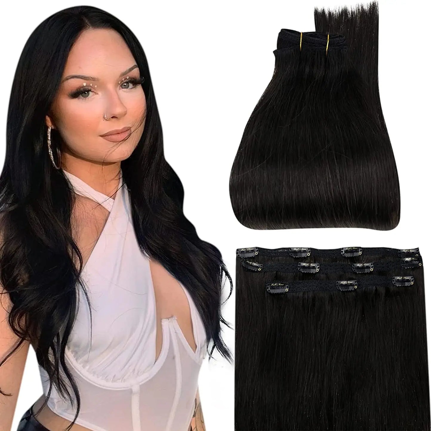 Full Shine Straight Human Hair 3pc Clip in Hair Extensions  - Various Colors Available