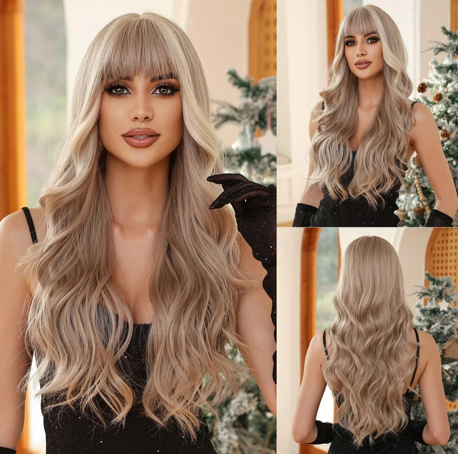 Long Curly Wavy Heat Resistant Synthetic Wigs With Bangs - Various Colors Available