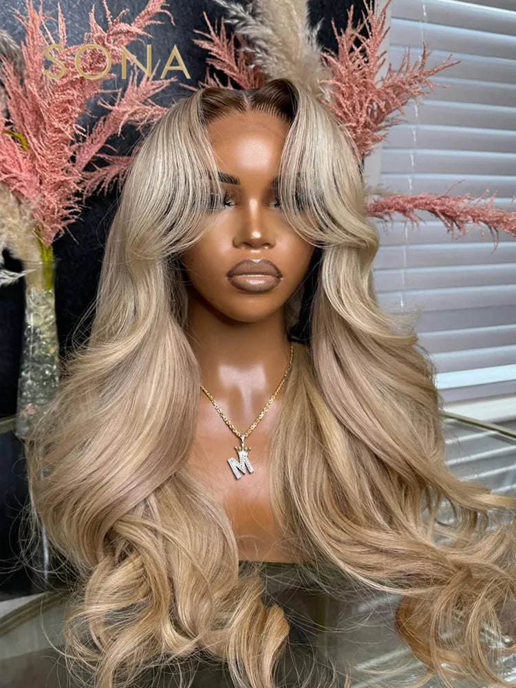 Ombre Ash Honey Blonde Body Wave HD Transparent Lace Frontal Human Hair Wig