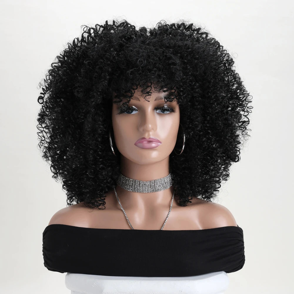 Synthetic 16 Inch Afro Kinky Curly Wigs With Bangs - Various Colors Available