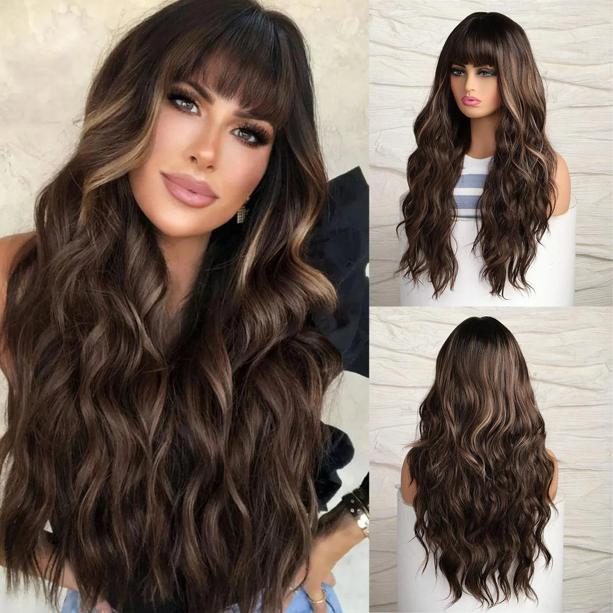 Long Wavy Synthetic Hair Wigs with Bangs - Various Colors Available