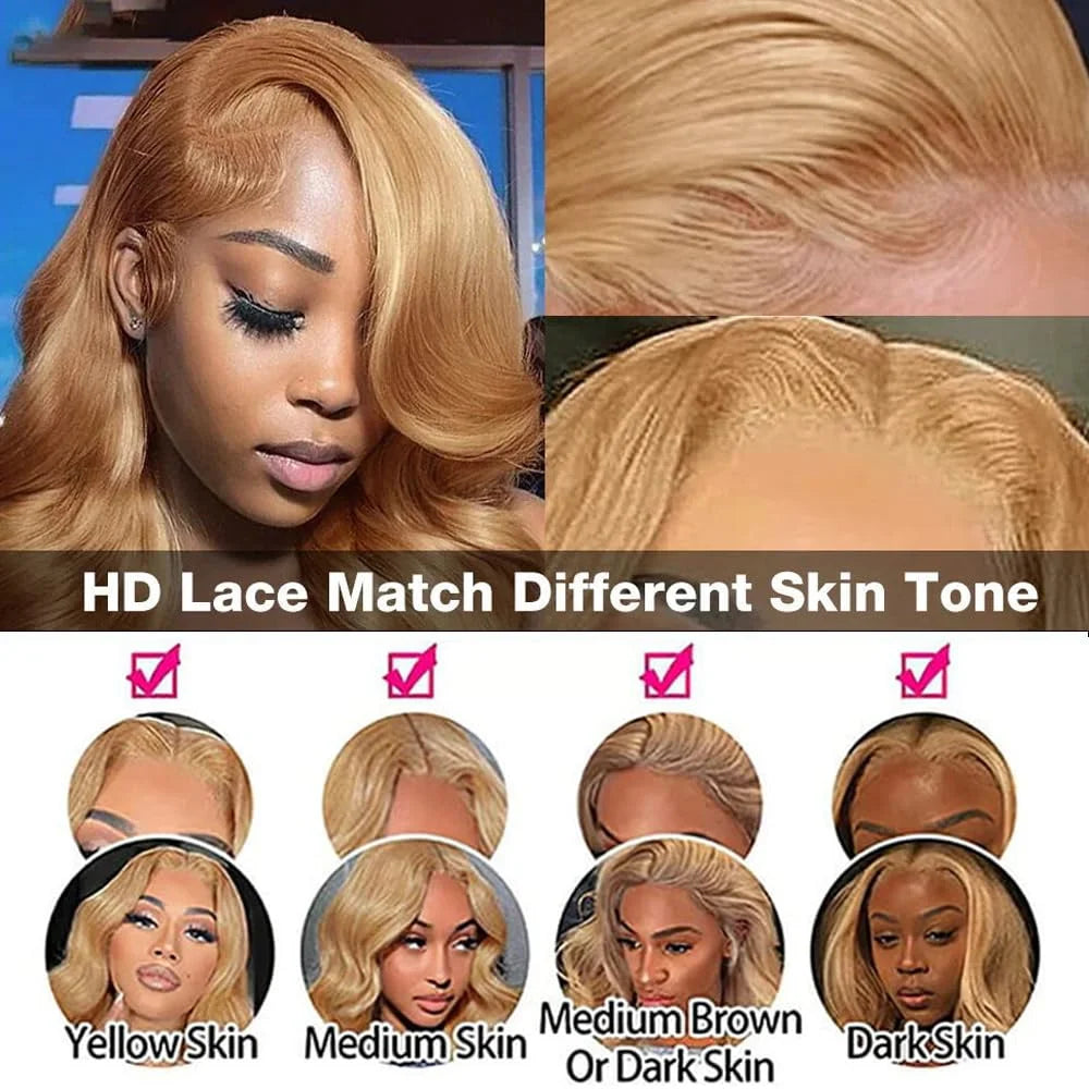 Honey Blonde Body Wave - HD Transparent Lace Frontal Glueless Human Hair Wig