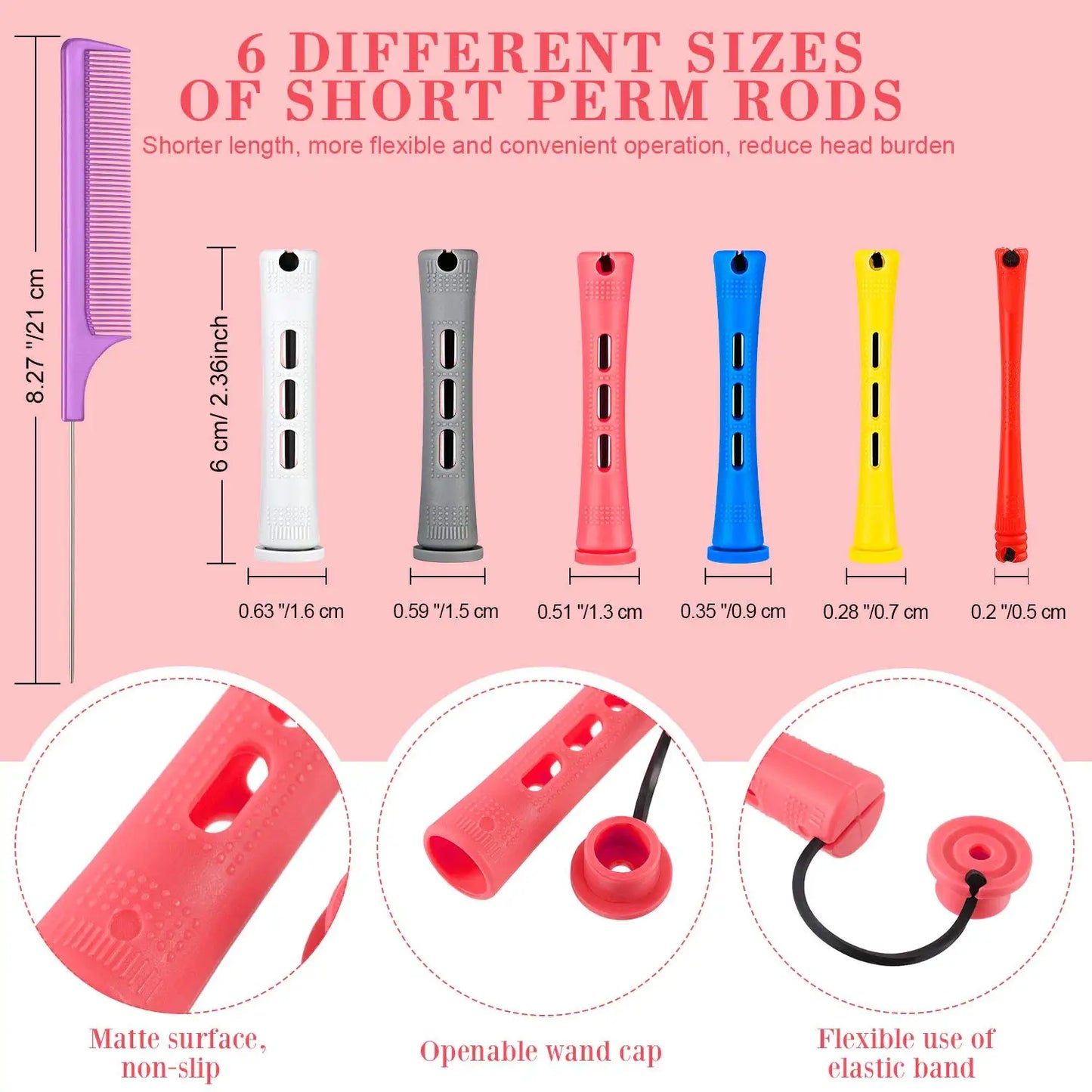 72 Pieces Hair Perm Rods Set Short Plastic Perming Rod Cold Wave Rods 6 Sizes Hair Curling Rollers With 1 Piece Steel Hair Comb