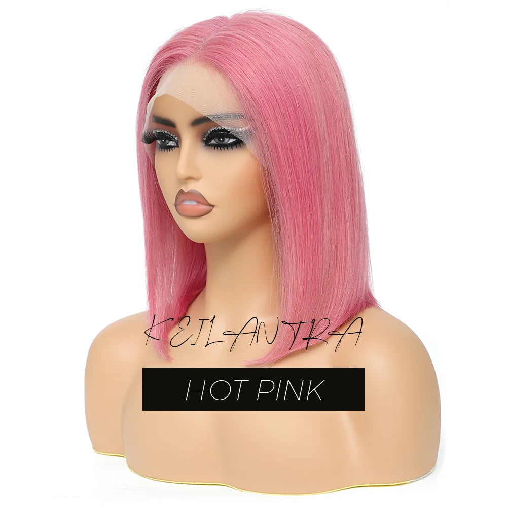 Rose Pink Short Straight Bob Pre Plucked HD Transparent Lace Front Human Hair Wig