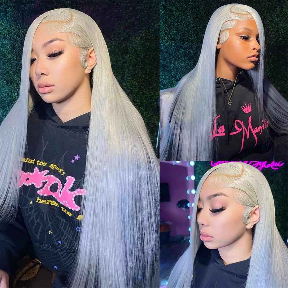 Silver Grey Brazilian Bone Straight or Body Wave - Pre Plucked Lace Front Human Hair Wig