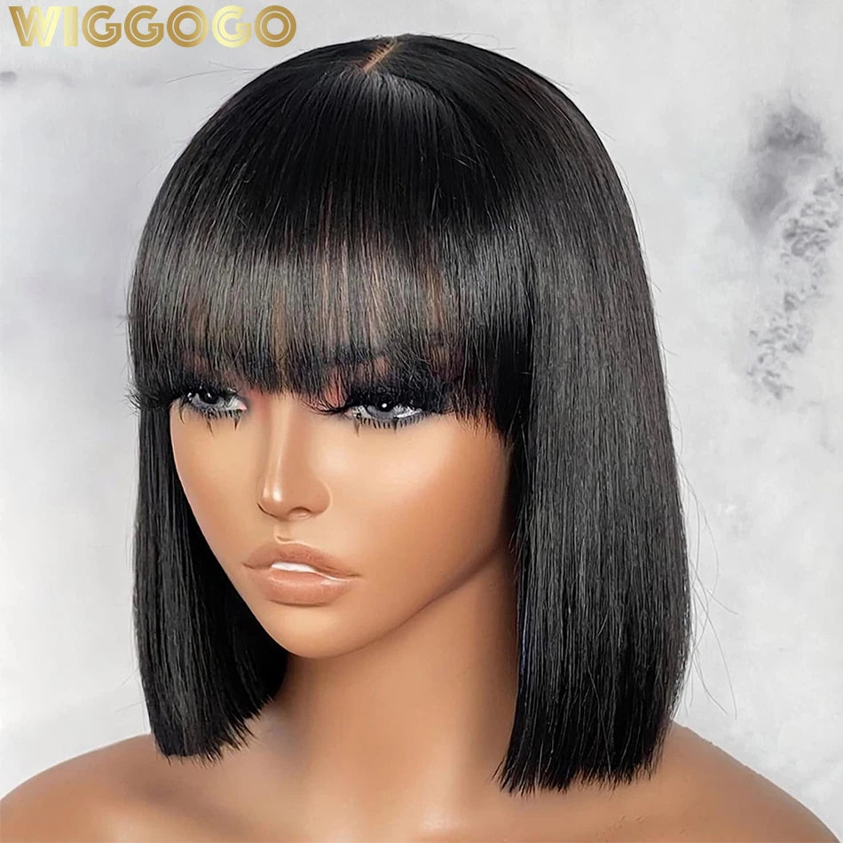 Wiggogo Bone Straight Bob With Bangs - Middle Part Lace Human Hair Wig