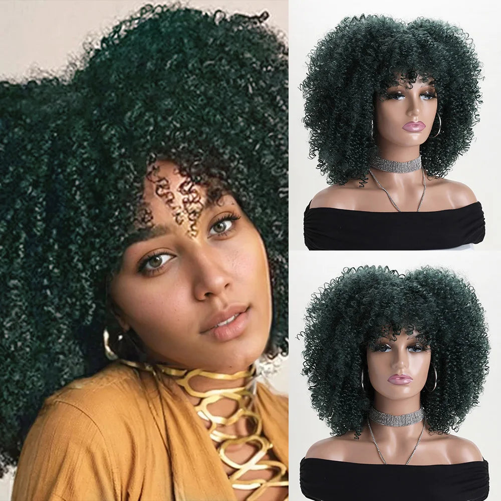 Synthetic 16 Inch Afro Kinky Curly Wigs With Bangs - Various Colors Available