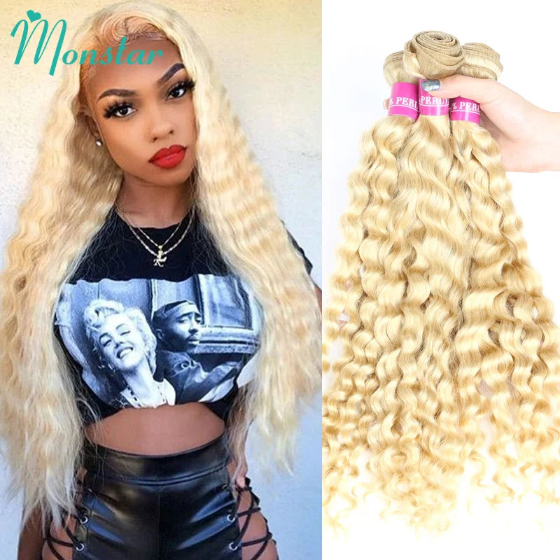 Deep Wave Malaysian Curly Human Hair Weave Bundle 613 Blonde