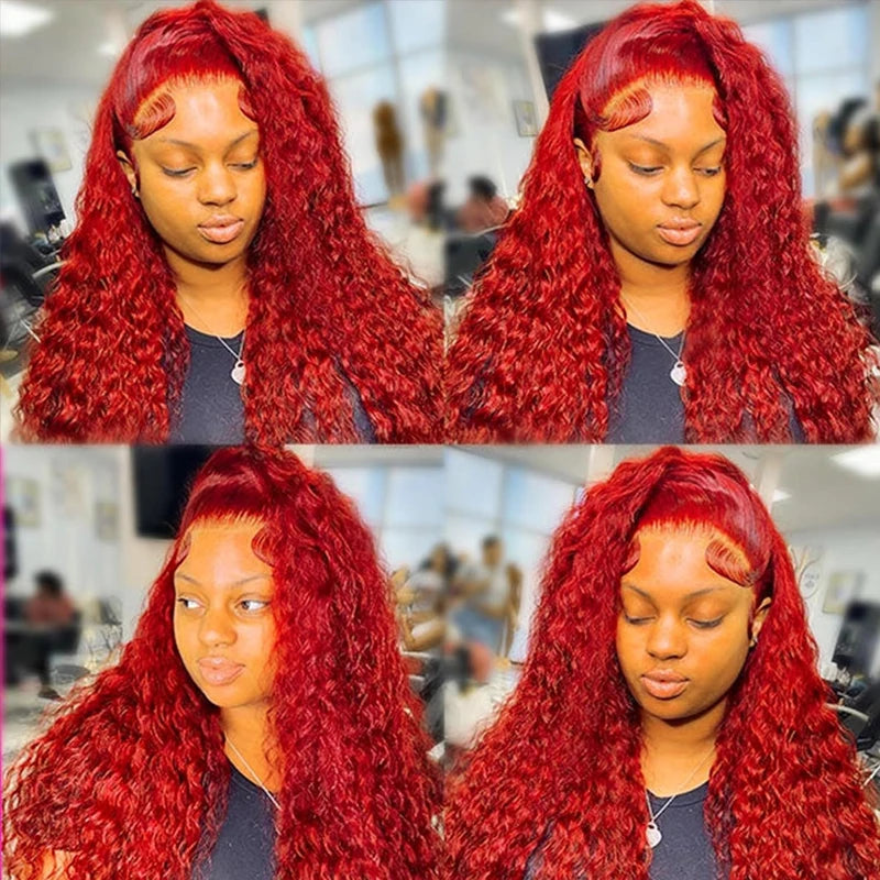 Red Curly Water Deep Wave HD Transparent Lace Frontal Human Hair Wigs