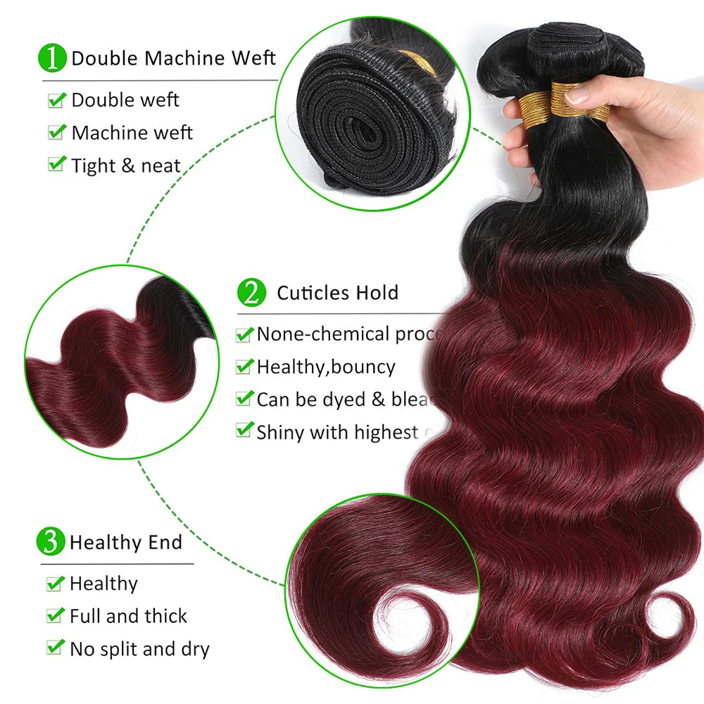 1B99J Body Wave Bundles With Closure Brazilian Human Hair