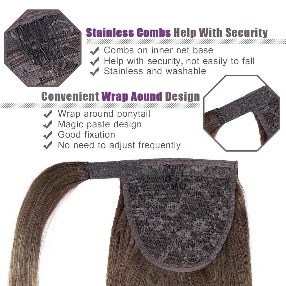 Straight Wrap Around Clip In Human Hair Ponytail, Ombre Highlight #4/27 Colors