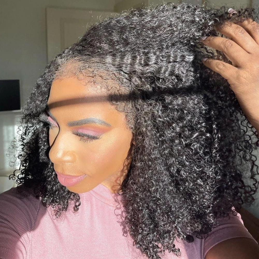 Short Bob Kinky Curly Transparent Frontal Wig With 4C Edges Lace