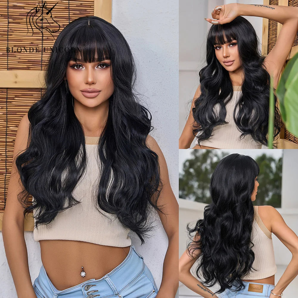 Wavy Synthetic Wig with Bangs - Various Colors Available