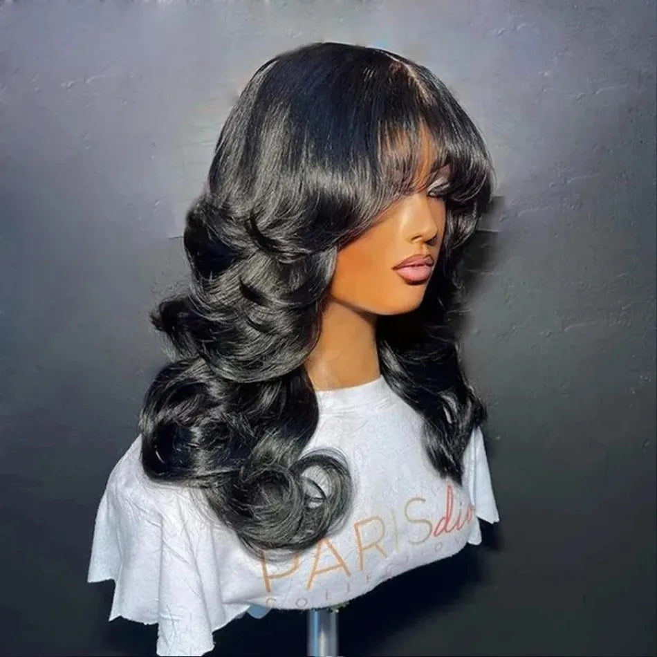 Body Wave Middle Part Lace Human Hair Wig with Bangs