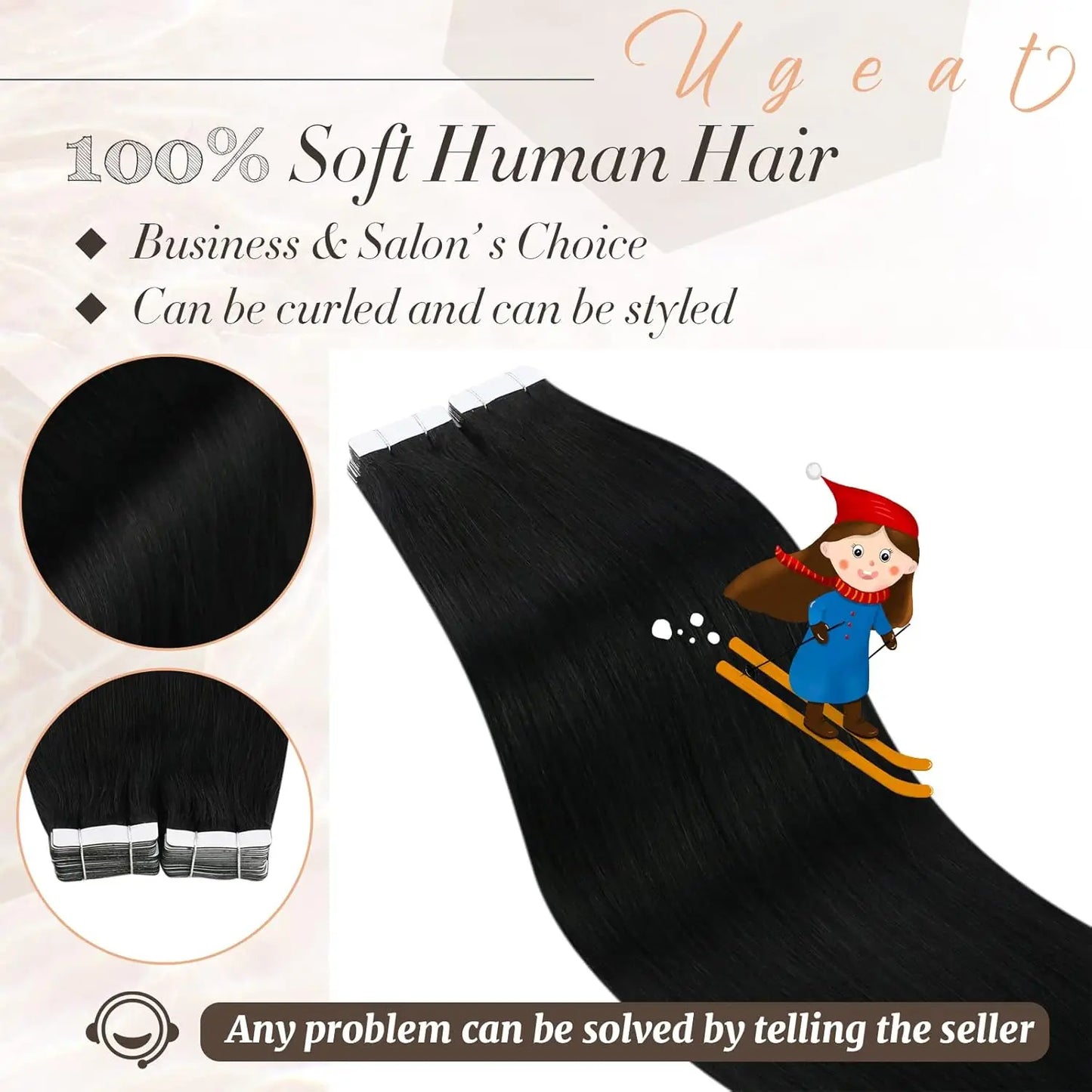 Jet Black Straight Human Hair Tape - In Extensions - Seamless Invisible