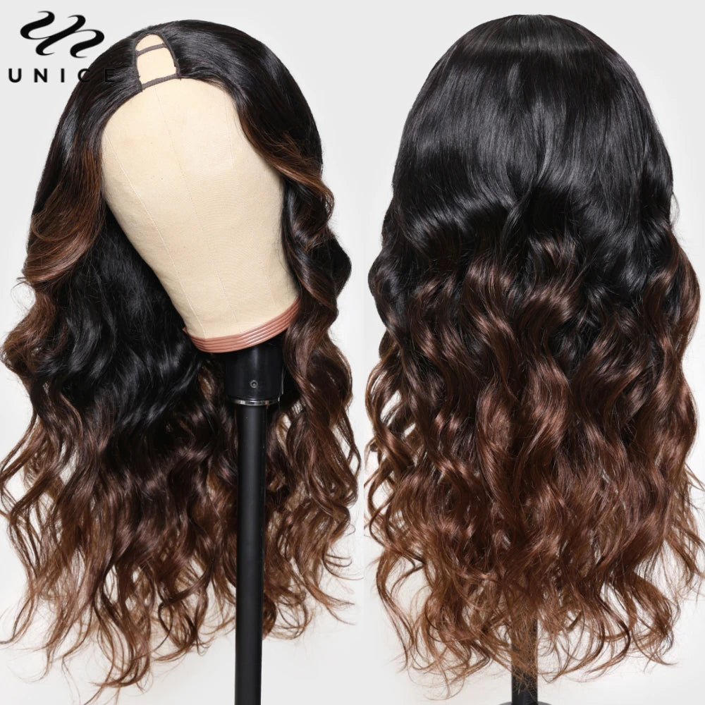 Ombre Body Wave - Human Hair V Shape & U Part Wig No Sew In Clip In Half Wig