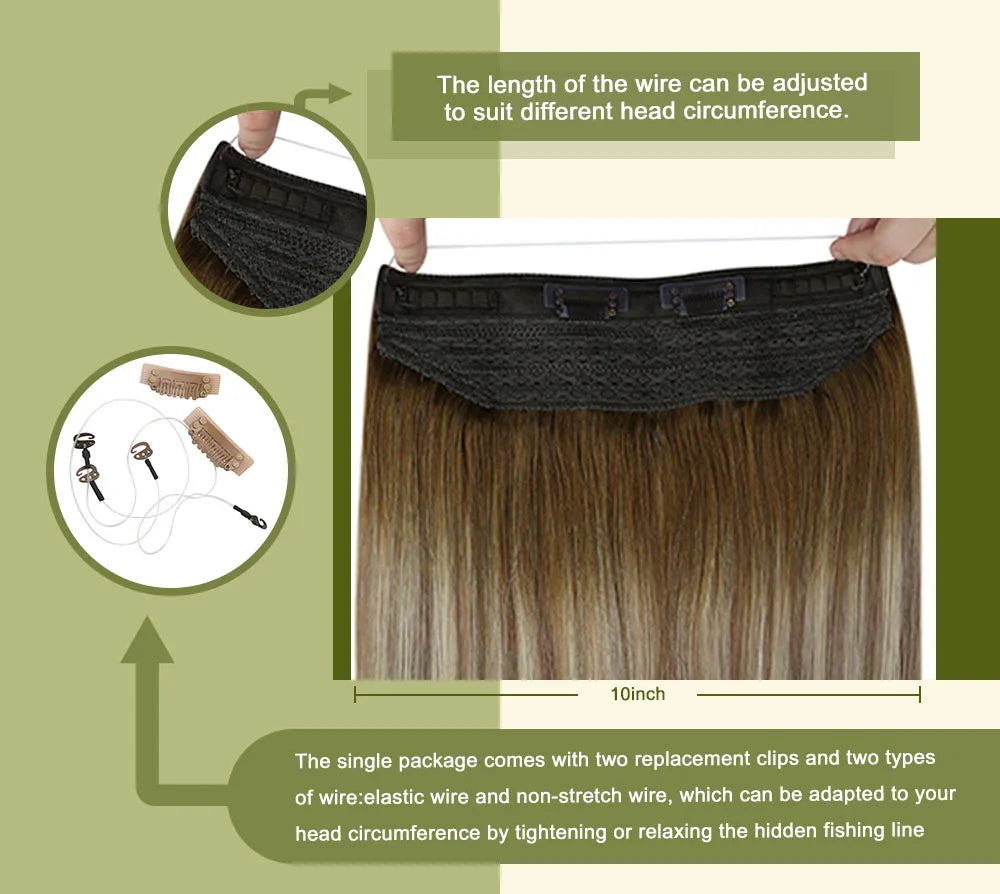 Fish Line Human Hair Extension - One Piece Invisible Wire Hair Weft with 2 Clips