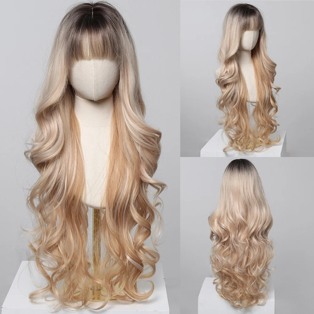 Long Wavy Synthetic Hair Wigs with Bangs - Various Colors Available