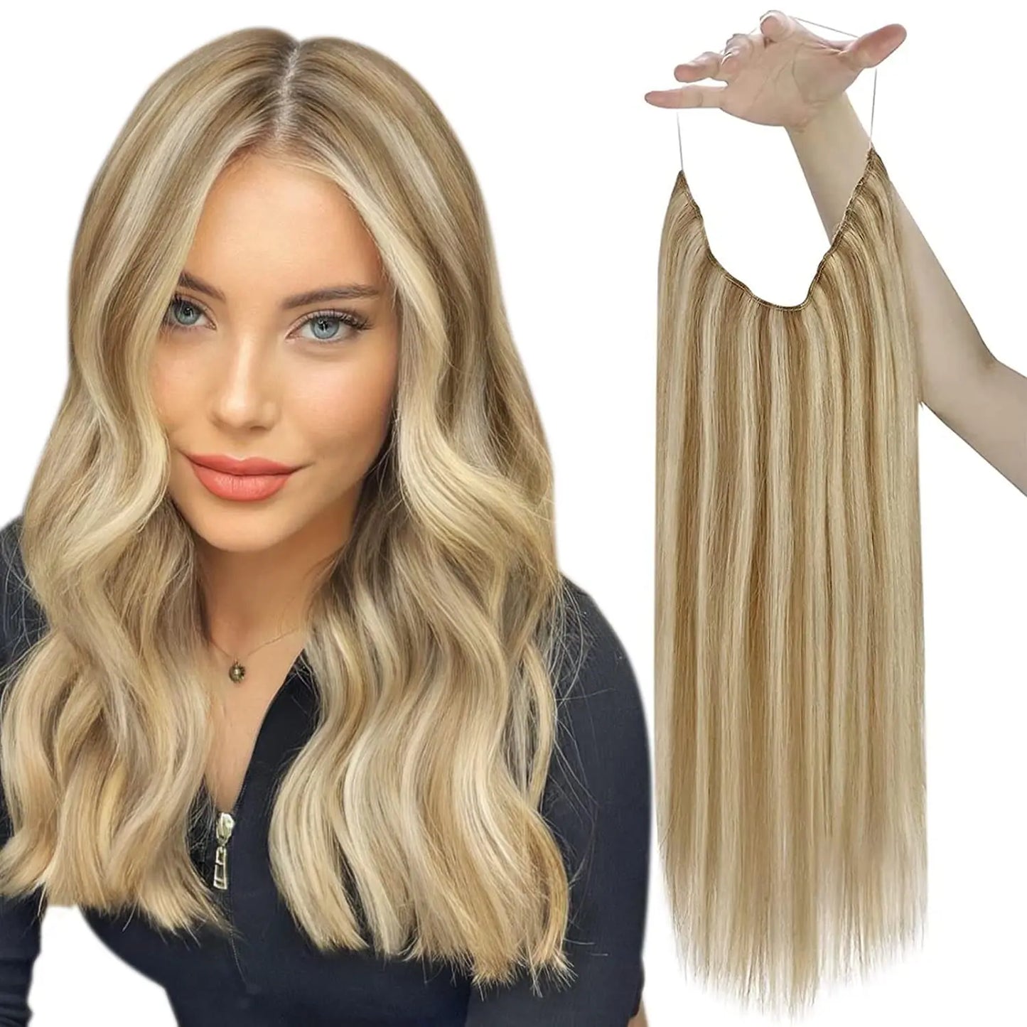 Fish Line Human Hair Extension - One Piece Invisible Wire Hair Weft with 2 Clips