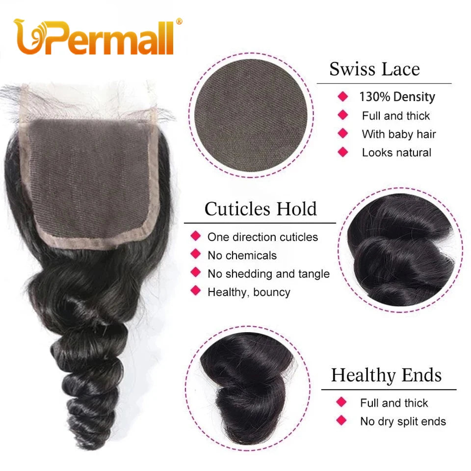 Loose Body Wave 100% Human Hair Lace Closure or Pre Plucked Swiss HD Transparent Frontal