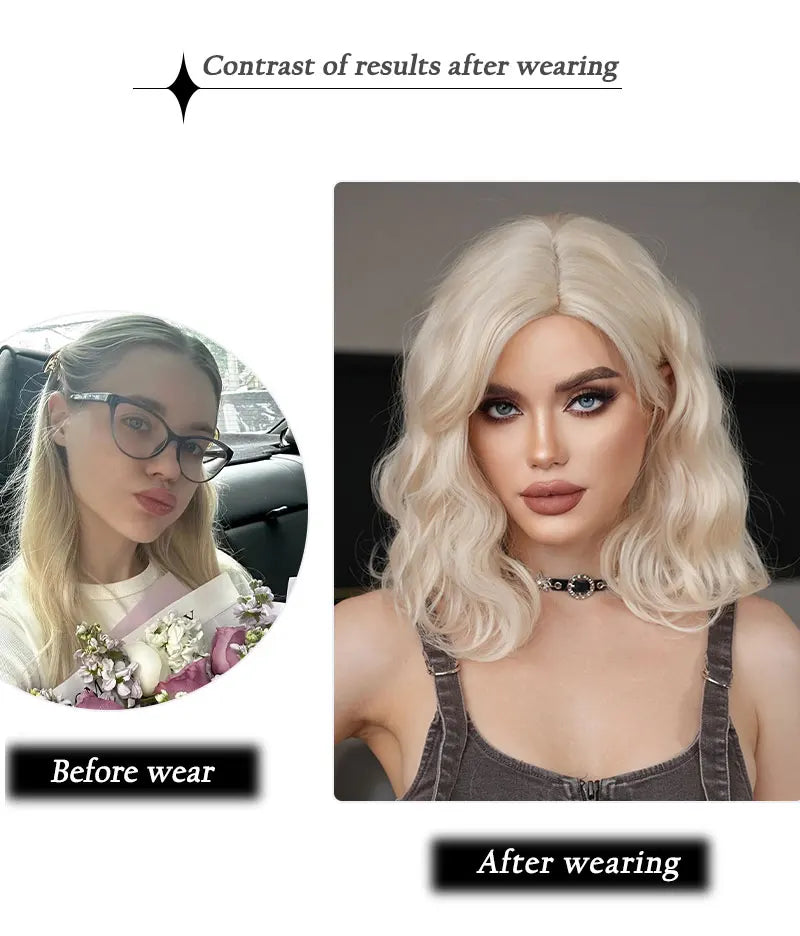 High Density Short Wavy Bob Synthetic Middle Part Wigs - Various Colors Available