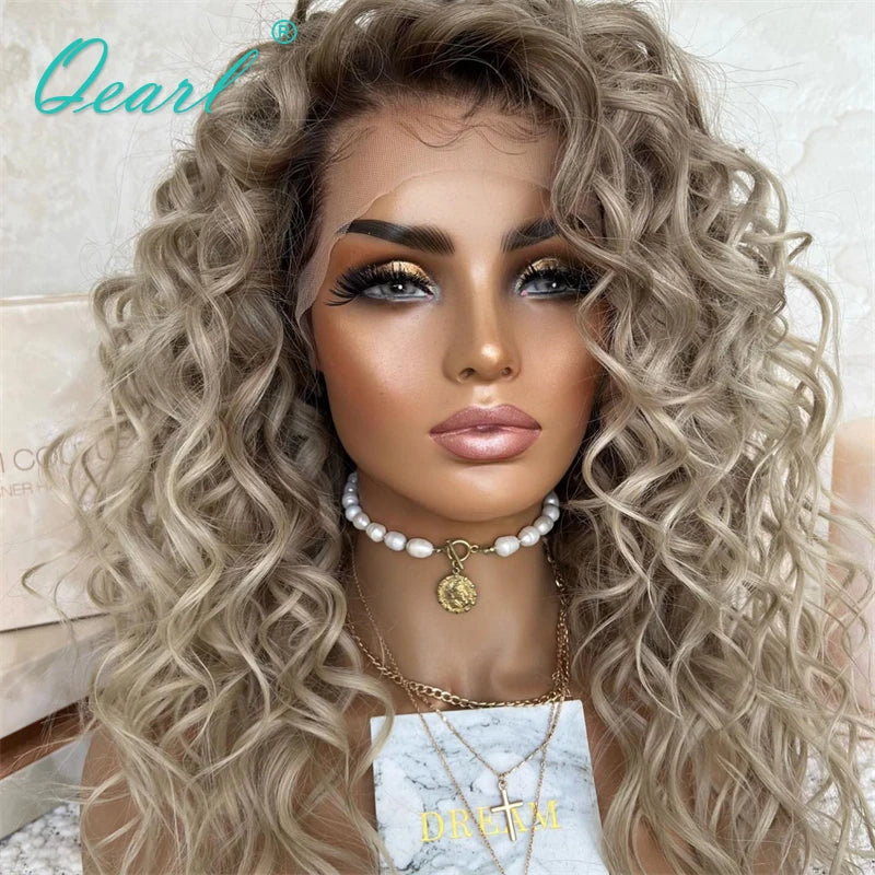 Loose Curly Pre Plucked HD Lace Front Free Parting Ombre Ash Blonde Brown Highlights Wig