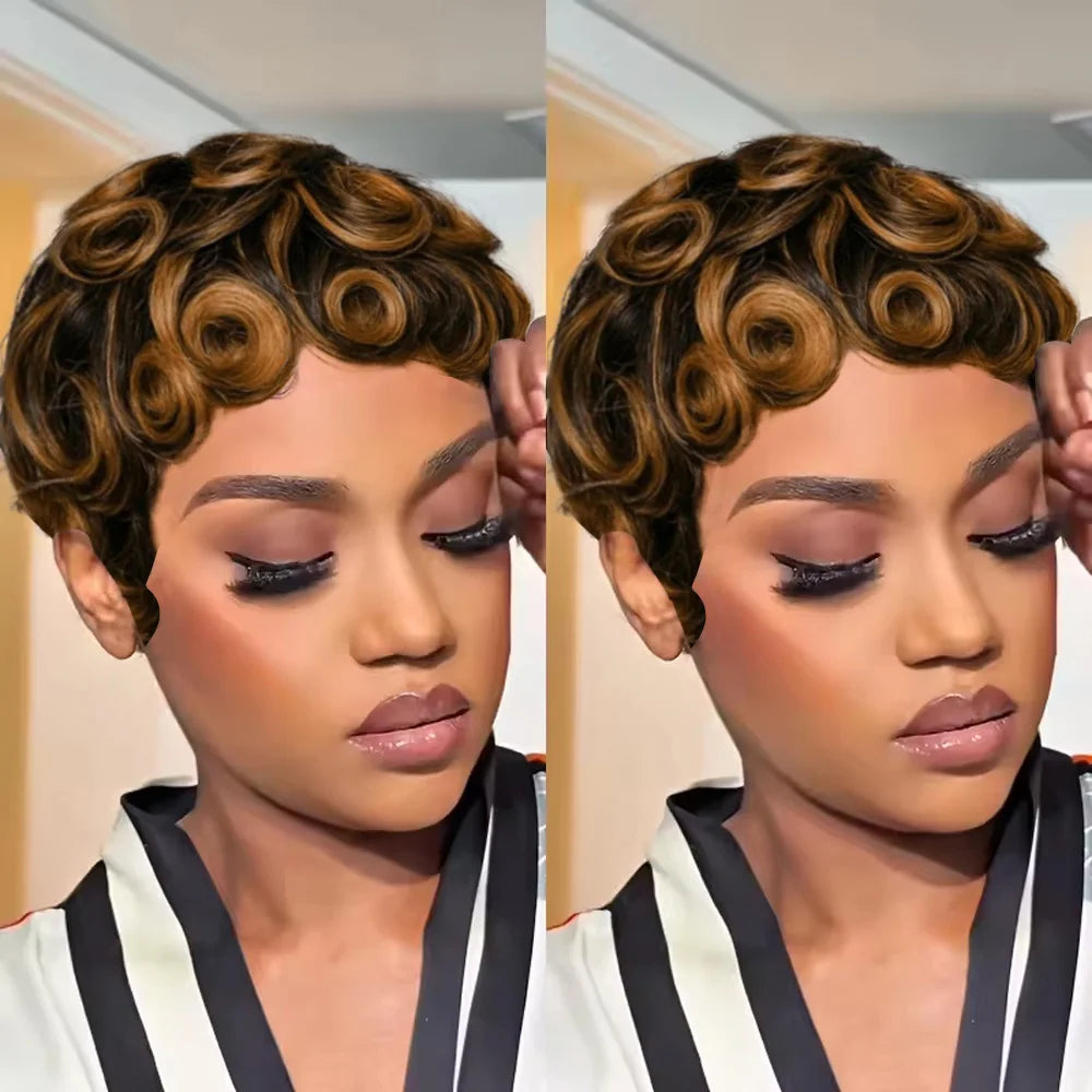 Women's Human Hair Pixie Cut Wig - Short Pin Curls