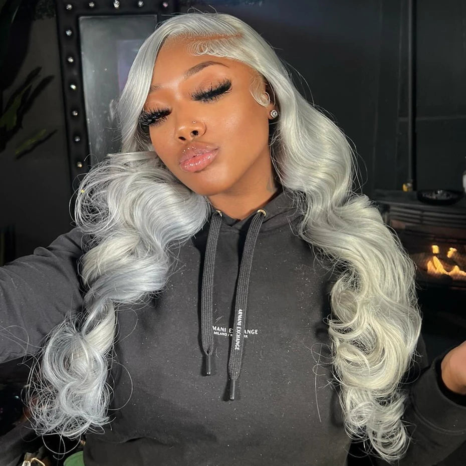 Silver Grey Brazilian Bone Straight or Body Wave - Pre Plucked Lace Front Human Hair Wig