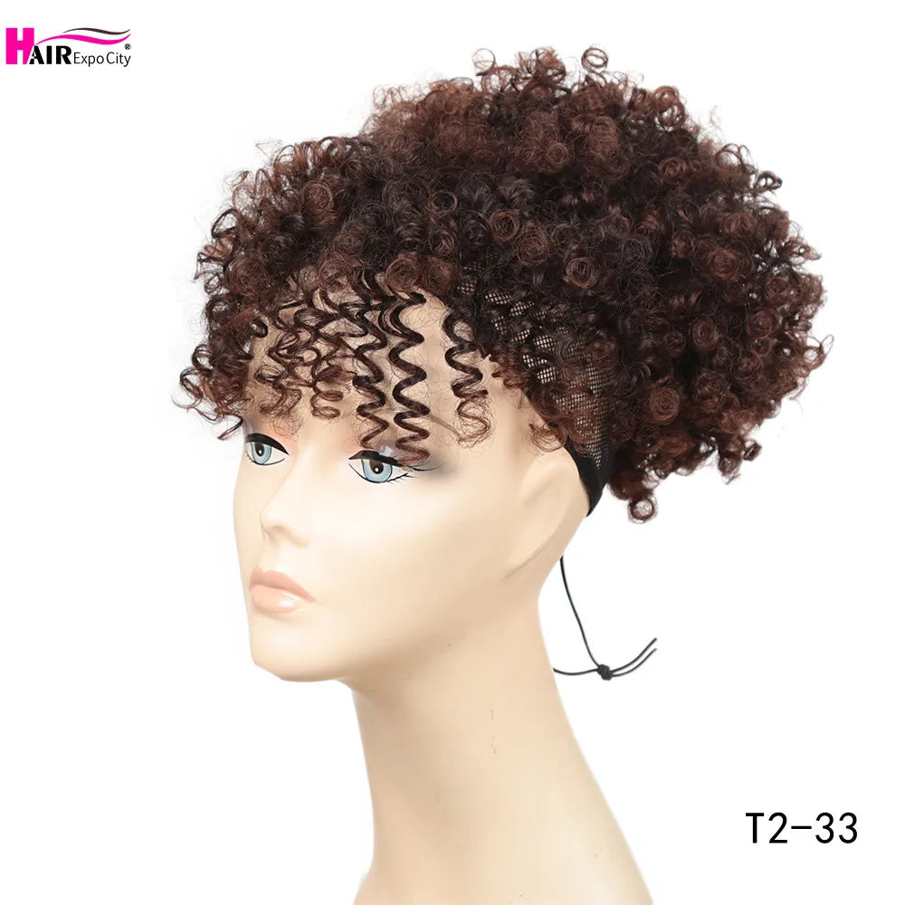 Short Kinky Curly Synthetic Ponytails With Bangs - Various Options Available