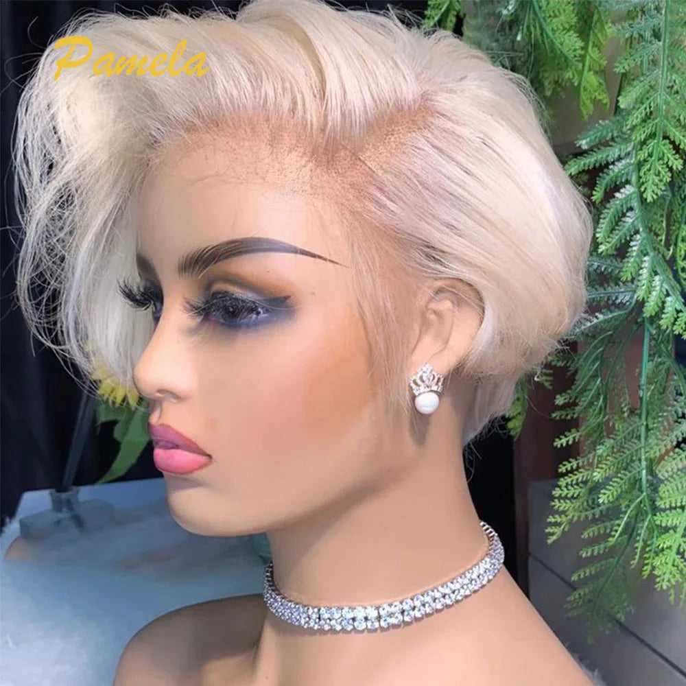 613 Blonde Pixie Cut Straight Short Bob HD Transparent Lace Front Human Hair Wig