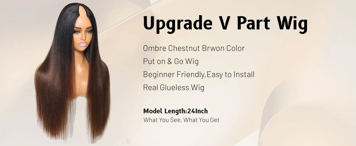 Yaki Straight V Part / U Part Ombre Brown Color 100% Human Hair Wig