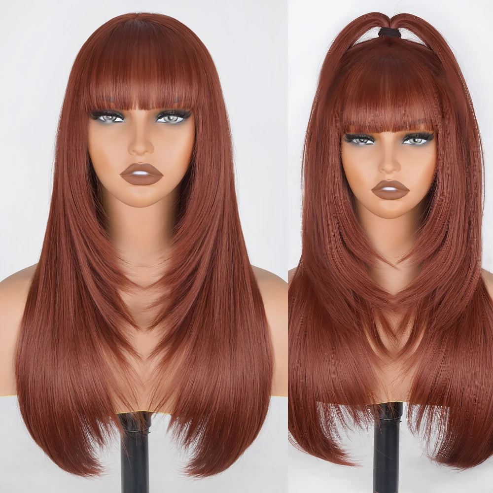 Synthetic Straight Layered Cut HD Lace Wigs With Bangs - Cinnamon and Black Colors Available