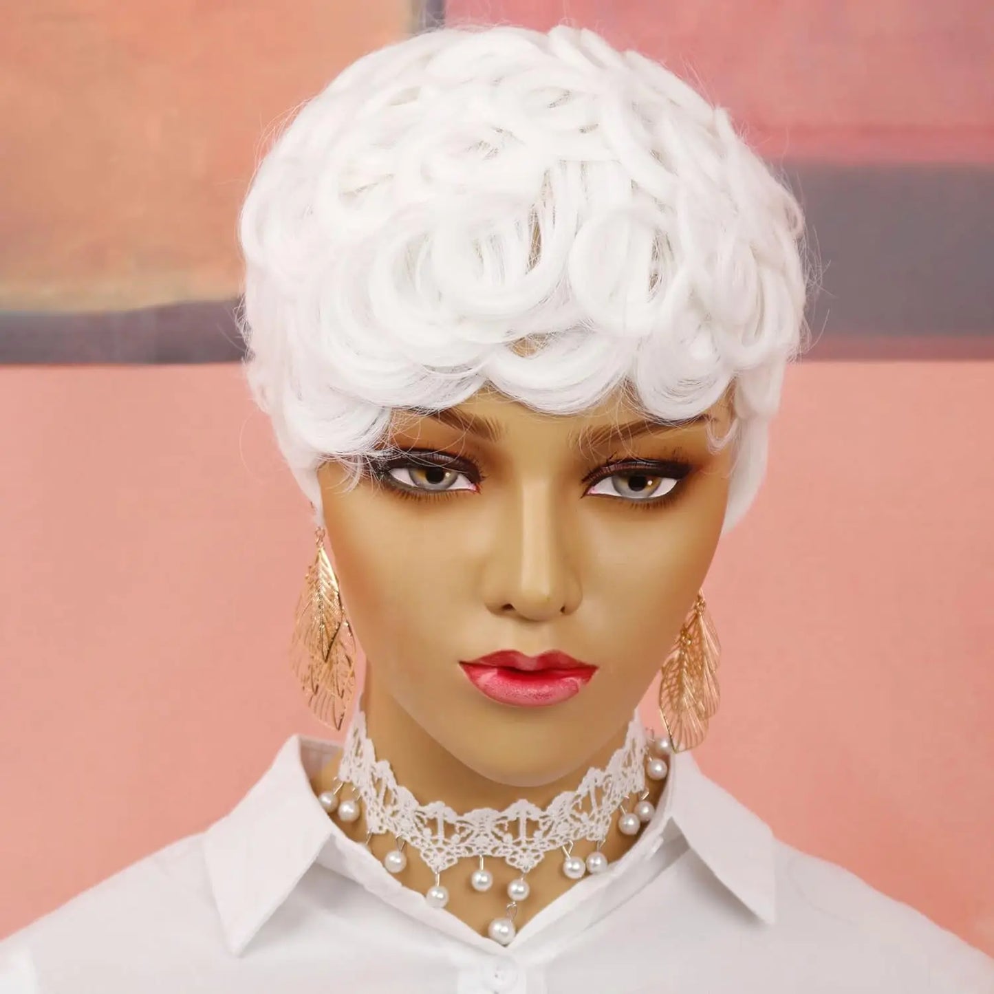 Synthetic White Short Pixie Cut Curly Wig