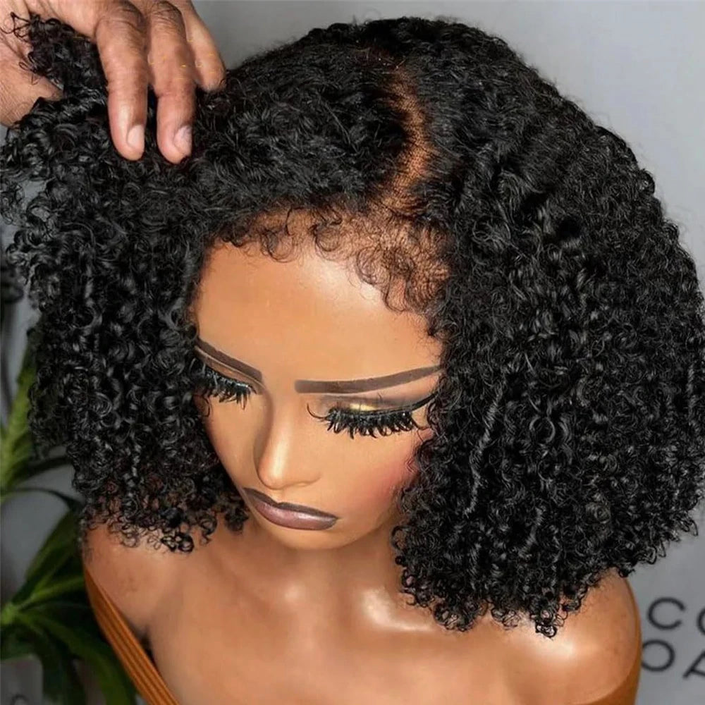 Short Bob Kinky Curly Transparent Frontal Wig With 4C Edges Lace