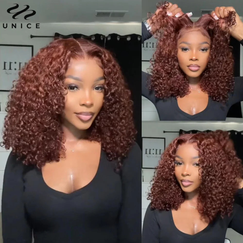Bye-Bye Knots Reddish Brown Curly Human Hair - Glueless Pre Cut Pre Bleached Lace Front Wig