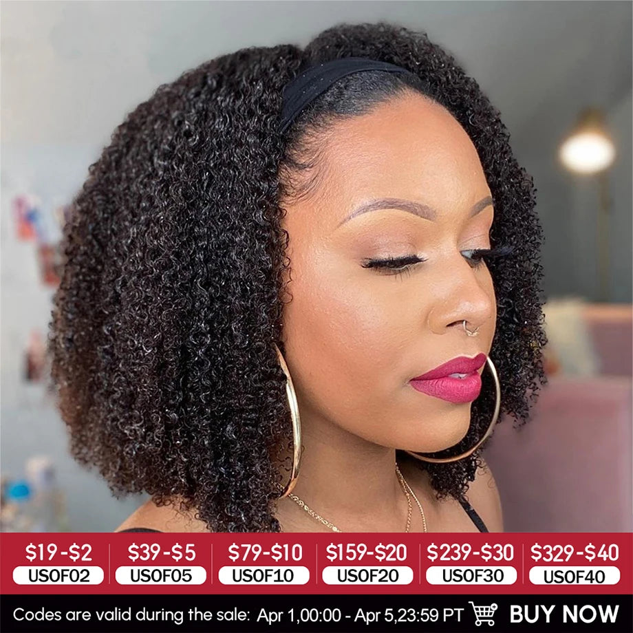 Afro Kinky Curly Human Hair Headband Wigs